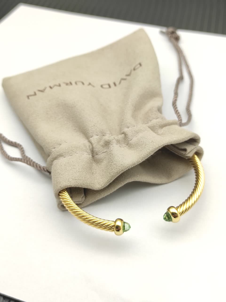David Yurman Gold Tone Wire Bangle Bracelet with Green Stones